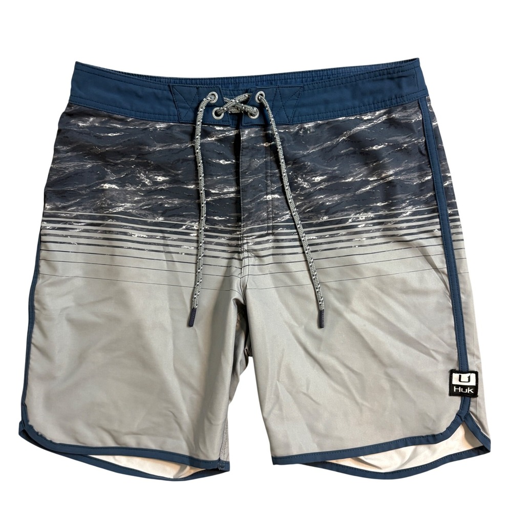 Huk Mens Performance Fishing Board Shorts Blue Grey Size 32 Swim Trunks